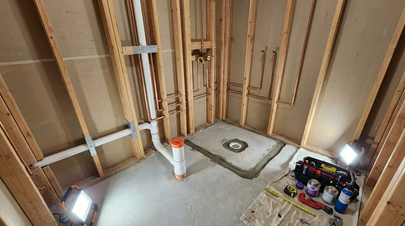 Bathroom rough-in plumbing during remodel by Johns Plumbing LLC in Narragansett