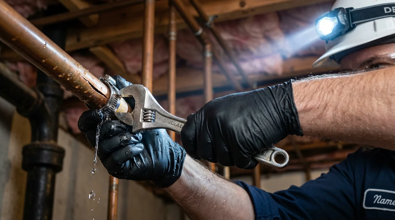 Emergency pipe clamp repair being performed by a Johns Plumbing LLC plumber in Narragansett