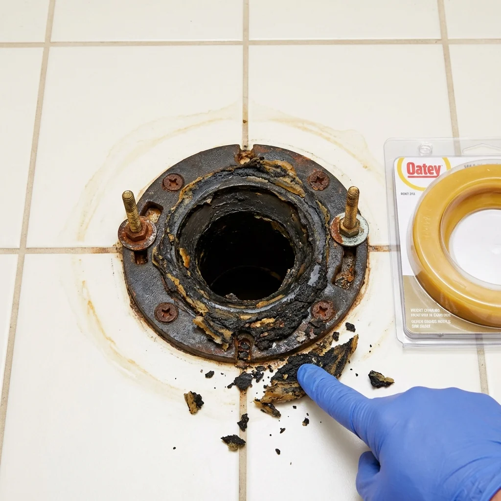 Failed wax ring showing water seepage at the base of a toilet in a Narragansett, RI home