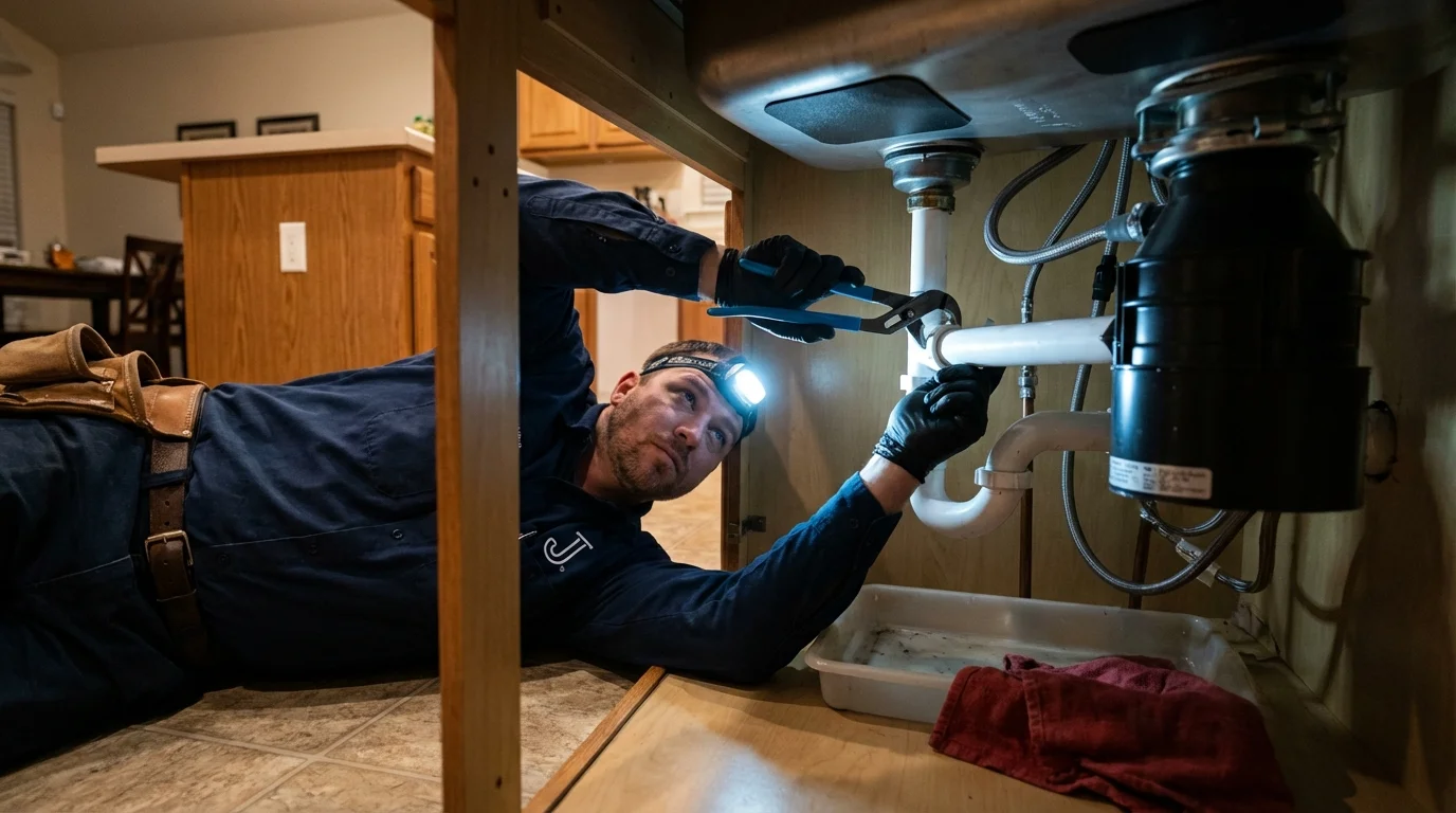 P-trap and supply line connections under a kitchen sink showing a common leak point in Narragansett, RI